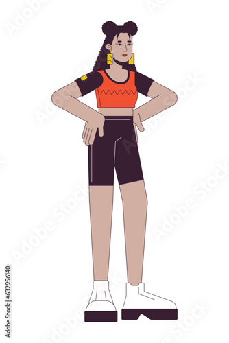 Latina woman in workout clothes flat line color vector character. Editable outline full body person on white. Leggings young adult female simple cartoon spot illustration for web graphic design
