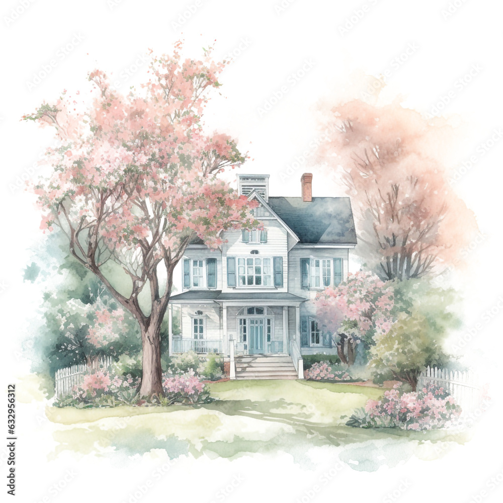 Country Garden Farmhouse Watercolor Clipart, Farmhouse clipart, Country Bundle PNG, House watercolor clipart,Farmers house made with AI generative technology