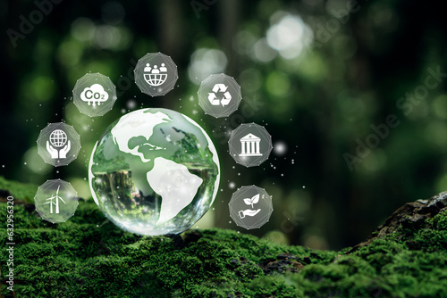 Fototapeta Naklejka Na Ścianę i Meble -  ESG concept.Crystal earth on moss with nature background.ESG icon for Environment Social and Governance, World sustainable environment concept.