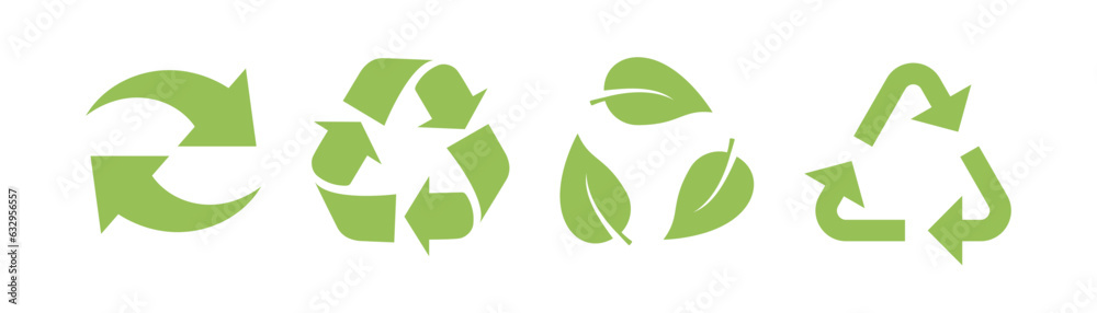 Recycle icon set. Recycle arrow in green. Recycle leaf icon. Reuse symbol. Eco sign. Eco triangle. Green leaves symbol. Nature pollution symbol Recycle icon set. Recycle arrow in green. Recycle leaf icon. Reuse symbol. Eco sign. Eco triangle. Green leaves symbol. Nature pollution symbol