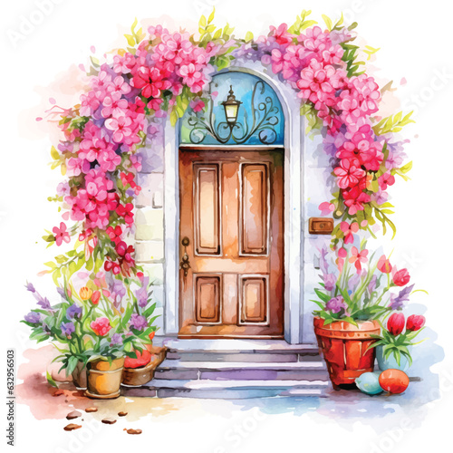 Door surrounded by flowers and vase in front of it watercolor painting