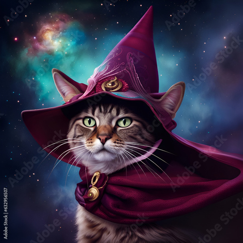 A sorcerer cat wearing a witch hat and a cape in a mysterious background. Amazing digital illustration. CG Artwork Background photo