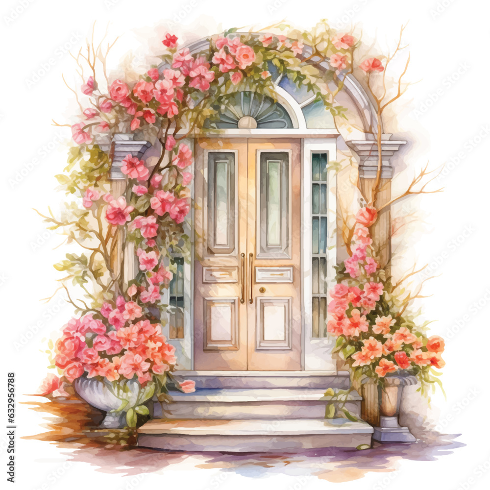 Door surrounded by flowers and vase in front of it vector watercolor painted ilustration