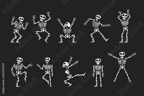 Skeletons dancing with different positions flat style design vector illustration set. Funny dancing Halloween or Day of the dead skeletons collection. Creepy, scary human bones characters silhouettes.