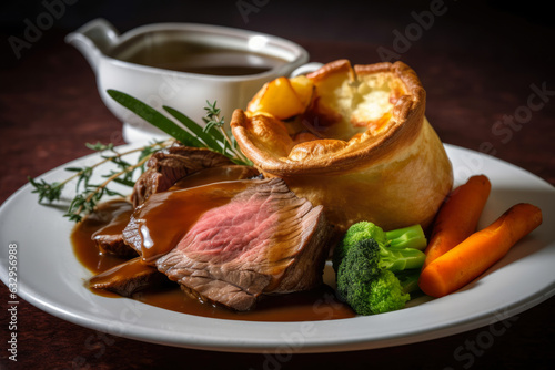 Juicy slices of roast beef on crispy Yorkshire pudding, garnished with fresh herbs, served with roasted vegetables, and smothered in savory gravy. photo