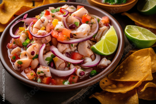 Delicious seafood Ceviche, a refreshing summer dish with octopus and squid, marinated in tangy lime juice, served alongside fresh tortilla chips.