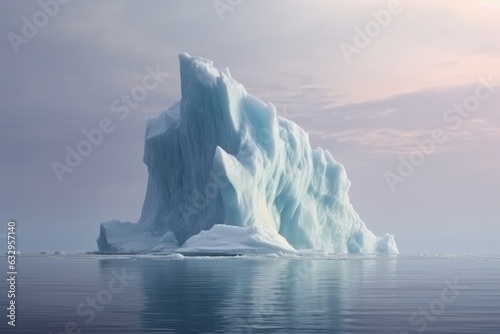 Antarctic iceberg floating in calm cold water on colorful sky background during sunrise