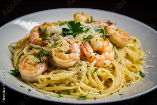 Shrimp Scampi Pasta: A flavorful garlic butter sauce with juicy shrimp, al dente pasta, and a generous topping of Parmesan cheese and fresh herbs.