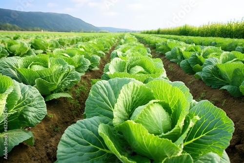 long rows of green beds with growing cabbage or lettuce in a large farmer s field  Generative AI