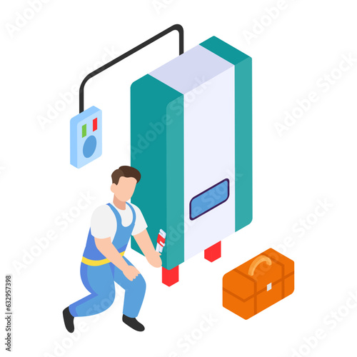 Water Heater or Combi Boiler Repair isometric Concept,Man Holding Wrench and Fixing   tankless heater Vector Icon Design, Plumber equipment Symbol, Handyman  Work Sign Sanitary technician illustration