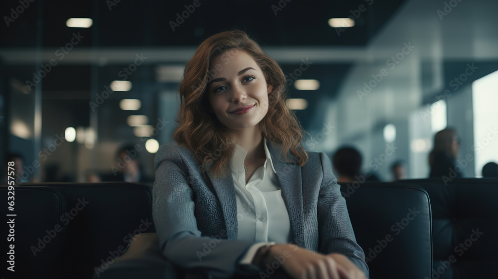 Smiling contented young stylish business woman in suit sitting in waiting room indoors