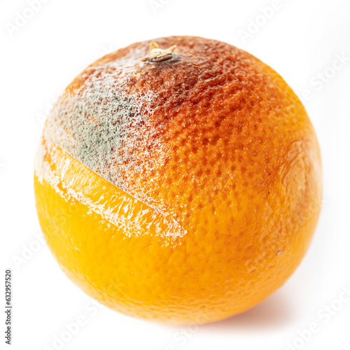 Close up of rotten orange isolated on white background