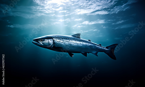 Large Salmon underwater. Concept of fish farming, fishing and sports angling. Illustration with shallow field of view