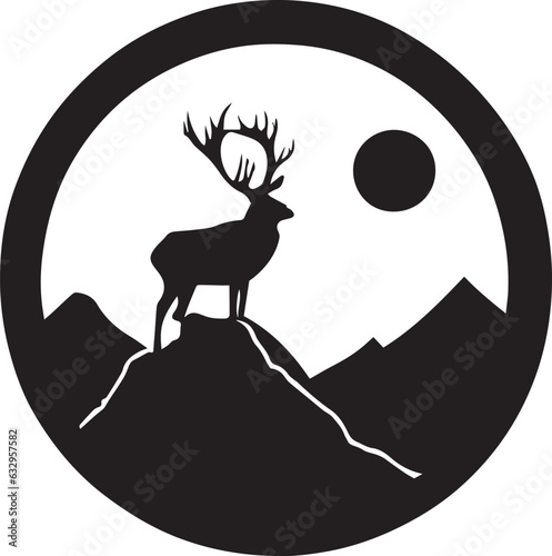 Composition of a circle an with elk staying on the top of the mountain silhouette