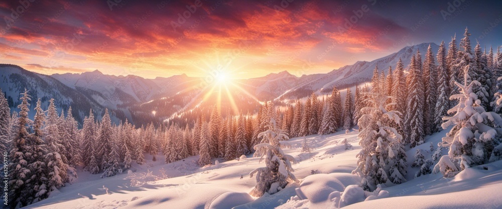 Naklejka premium sunrise over the mountains snow over the mountains