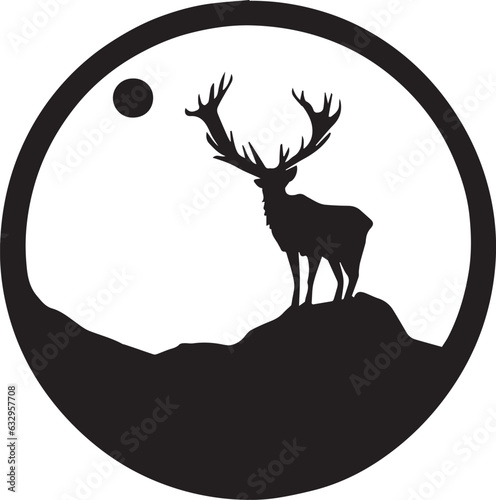 Composition of a circle an with elk staying on the top of the mountain silhouette