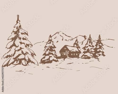 Winter rural landscape drawing. Vector illustration with trees and a house in the snow for a postcard, template, congratulations on winter holidays, print. Hand drawn winter background, design element