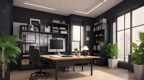 modern boss office, VIP office furniture, modern office chairs, table, lamp and computer, modern office interior