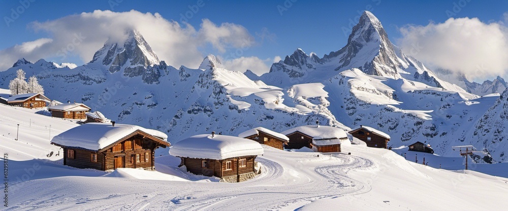 Winter landscape with deep snow-covered chalets, in the back summit of Dom, 4545m, and Matterhorn, 4478m, Riederalp, Aletsch area, Upper Valais, Valais, Switzerland, Europe
