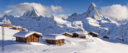 Winter landscape with deep snow-covered chalets, in the back summit of Dom, 4545m, and Matterhorn, 4478m, Riederalp, Aletsch area, Upper Valais, Valais, Switzerland, Europe