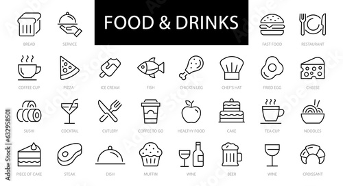 Food & Drinks thin line icons set. Food editable stroke icon. Meat, Fish, Pizza, Fast Food, Coffee, Restaurant, Eatery, Fish, Cake, Healthy food, Bread, Tea icon. Vector illustration