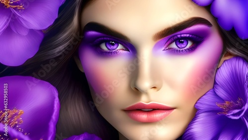 Closeup photo portrait of a beautiful teen glamourous girl model with purple flowers  fantasy in style purple backdrop Bright summer colors purple color contact lenses  For fashion industry use.