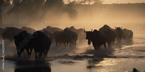 Group of buffalos wandering through the river in dusty weather , generative AI