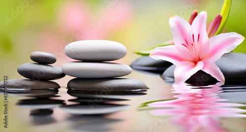 a serene zen garden  focusing on a stack of spa massage stones delicately balanced with pink lily flowers adorning them