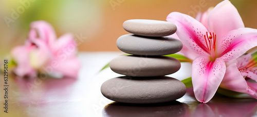 a serene zen garden  focusing on a stack of spa massage stones delicately balanced with pink lily flowers adorning them