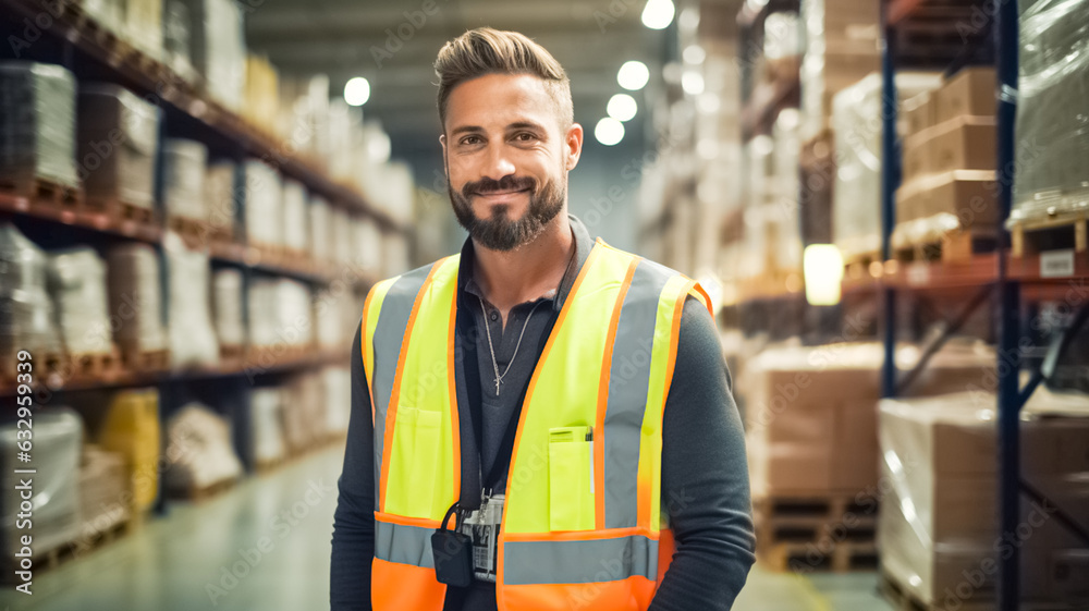 Smiling portrait of handsome a warehouse worker in protective vest. Background stock of parcels with products ready for shipment. Smiling portrait of handsome a warehouse worker in protective vest. Background stock of parcels with products ready for shipment.