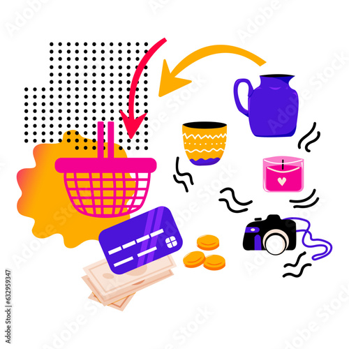 Doodles. Consumer basket. Сhoice products online. Ordering, paying for purchase with credit card on the website.  Internet shopping at computer.  Abstract cute geometric elements. Vector