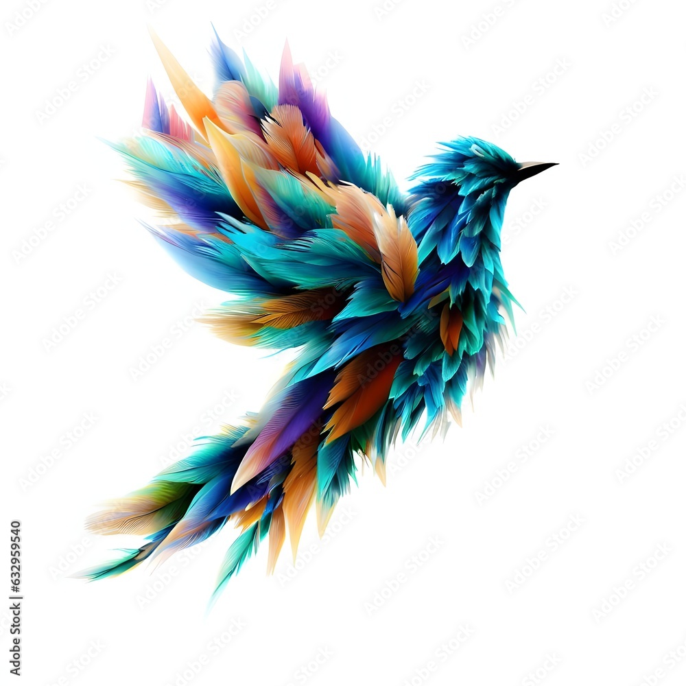 Illustration of a bird made from small feathers, seed for the side, wings open Illustration of a bird made from small feathers, seed for the side, wings open