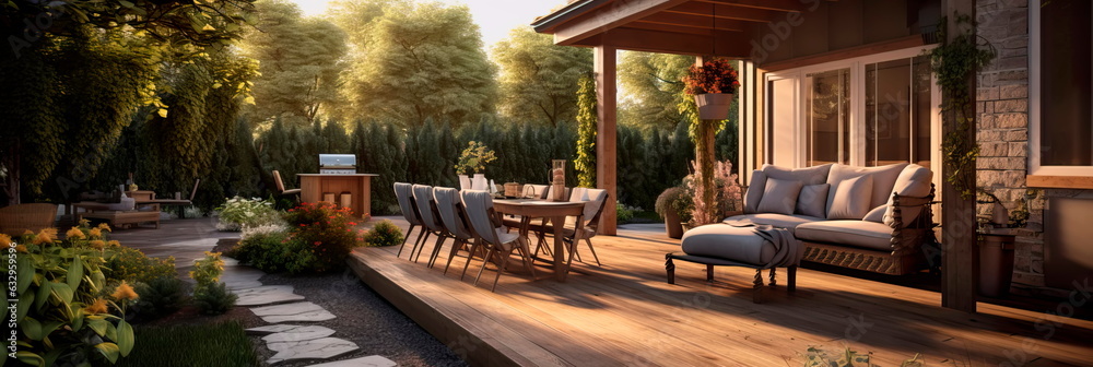 inviting patio area with a mix of textures, including a wooden deck, stone accents, and soft outdoor rugs.Generative AI