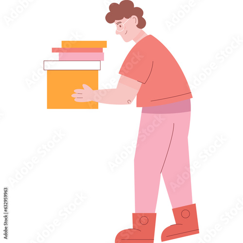 Man carrying box and book stack vector icon