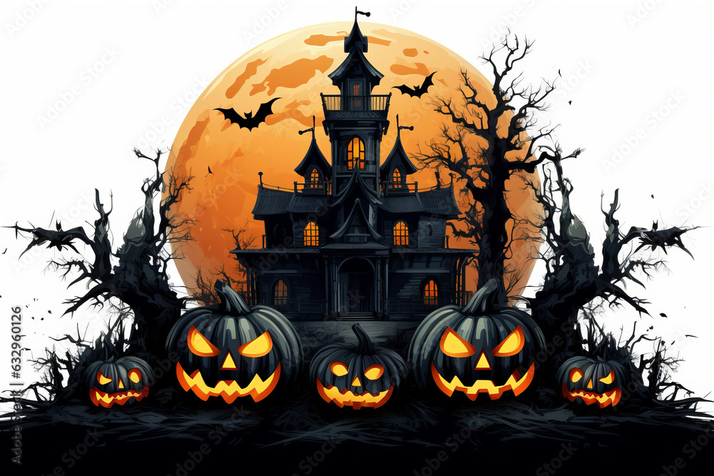 Illustration of halloween castle silhouettes with bats and pumpkins background. Transparent background