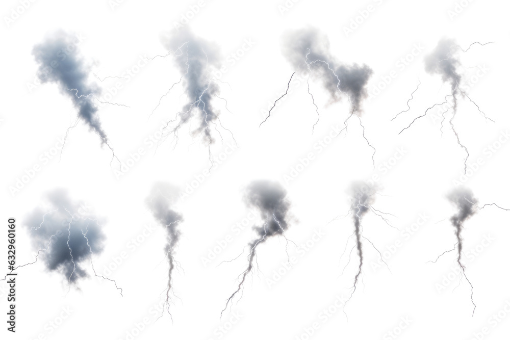Set of thunderstorms isolated on transparent background cutout PNG , ai generative