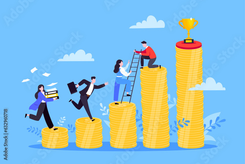 Business mentor helps improve career and money stacks growing. He holds stairs steps vector illustration. Mentorship, upskills, climb help self development strategy flat style design business concept.