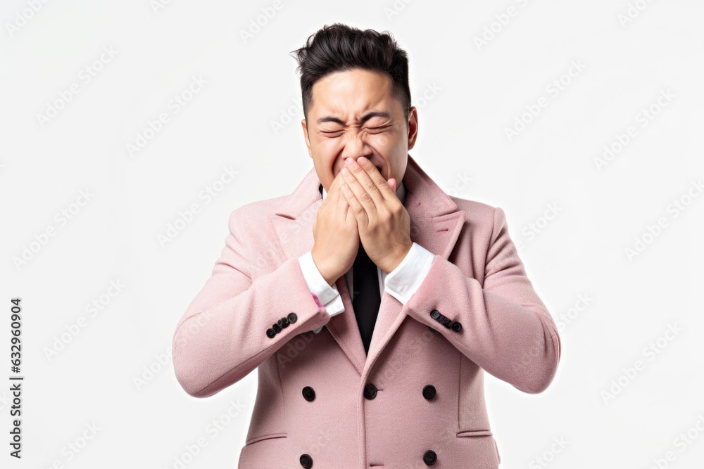 Group portrait photography of a man in his 30s sneezing and holding a tissue because of the flu wearing a chic cardigan against a white background Group portrait photography of a man in his 30s sneezing and holding a tissue because of the flu wearing a chic cardigan against a white background
