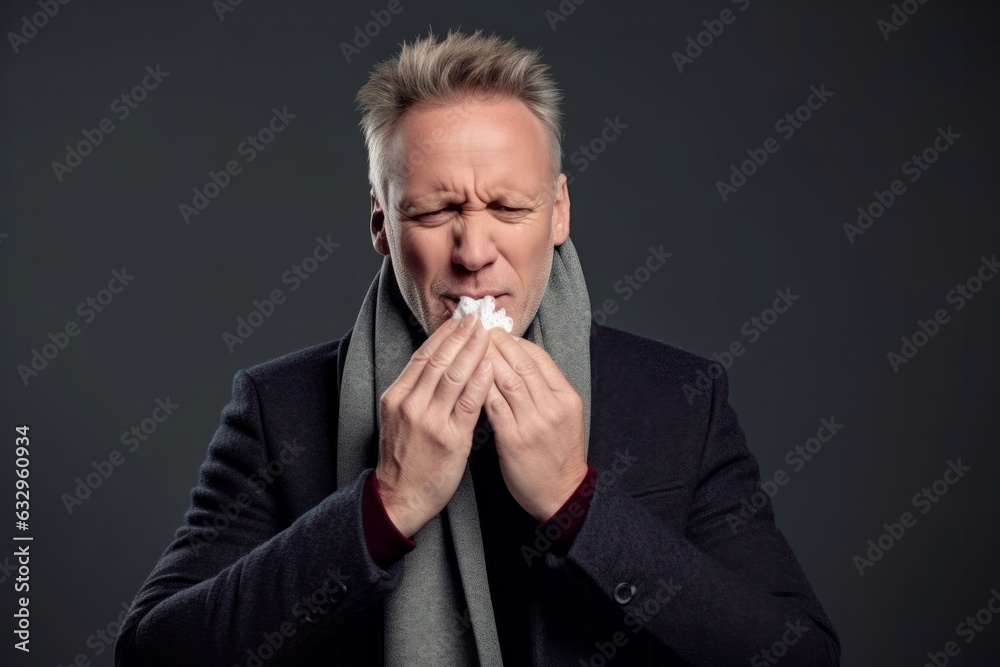 Medium shot portrait photography of a man in his 40s sneezing and holding a tissue because of the flu wearing a chic cardigan against a white background Medium shot portrait photography of a man in his 40s sneezing and holding a tissue because of the flu wearing a chic cardigan against a white background
