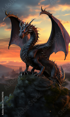 dragon at sunset,animal,illustration,vector,Ai generated