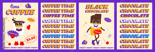 Fashionable psychedelic posters with funny sweet characters. Cheerful coffee and chocolate mascot. Poster design for cafe, bakery, menu. Vector illustration in cartoon style.