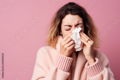 Close-up portrait photography of a woman in her 20s sneezing and holding a tissue because of the flu wearing a versatile overcoat against a pastel or soft colors background 