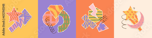 Set of abstract geometric shapes, torn out paper collage elements, art design forms with textured patterns. Contemporary trendy compositions collection. Hand drawn Vector illustration.