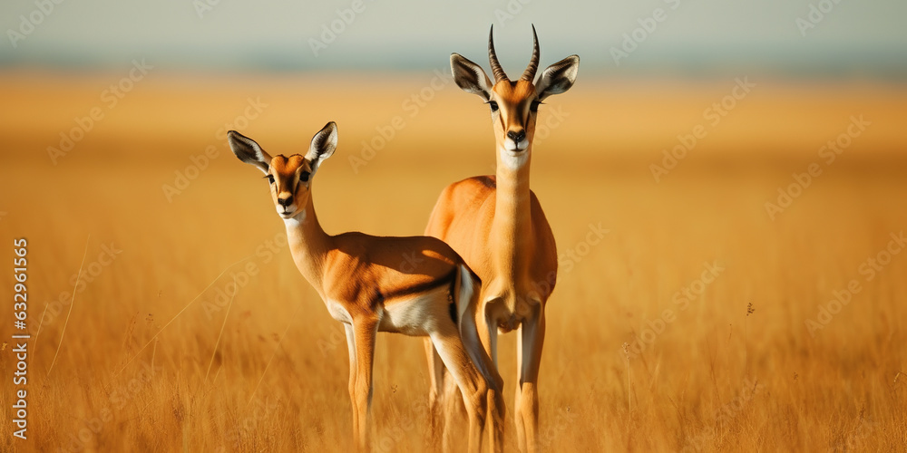 Pair of gazelles looking at camera in the steppe, blurry background , generative AI Pair of gazelles looking at camera in the steppe, blurry background , generative AI