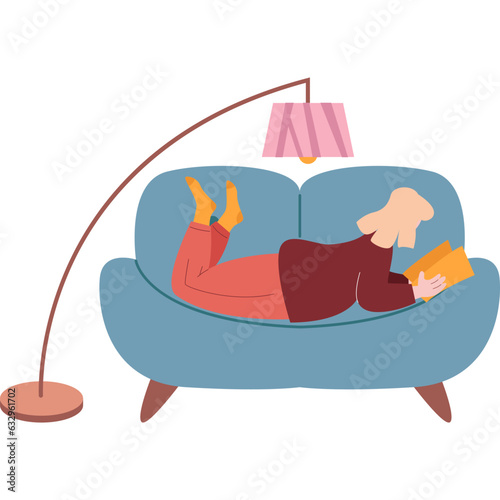 Woman reading on home couch vector icon