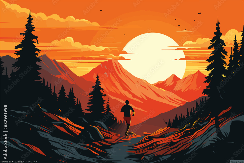 sunset in the mountains, person running 