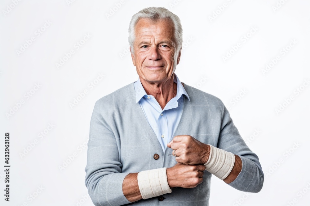 Group portrait photography of a man in his 60s wearing a wrist brace because of a minor sprain wearing a chic cardigan against a white background Group portrait photography of a man in his 60s wearing a wrist brace because of a minor sprain wearing a chic cardigan against a white background