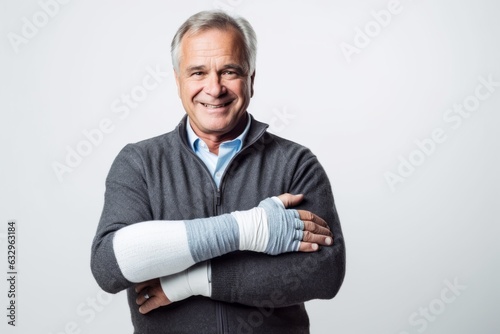 Lifestyle portrait photography of a man in his 60s wearing a wrist brace because of a minor sprain wearing a chic cardigan against a white background  photo