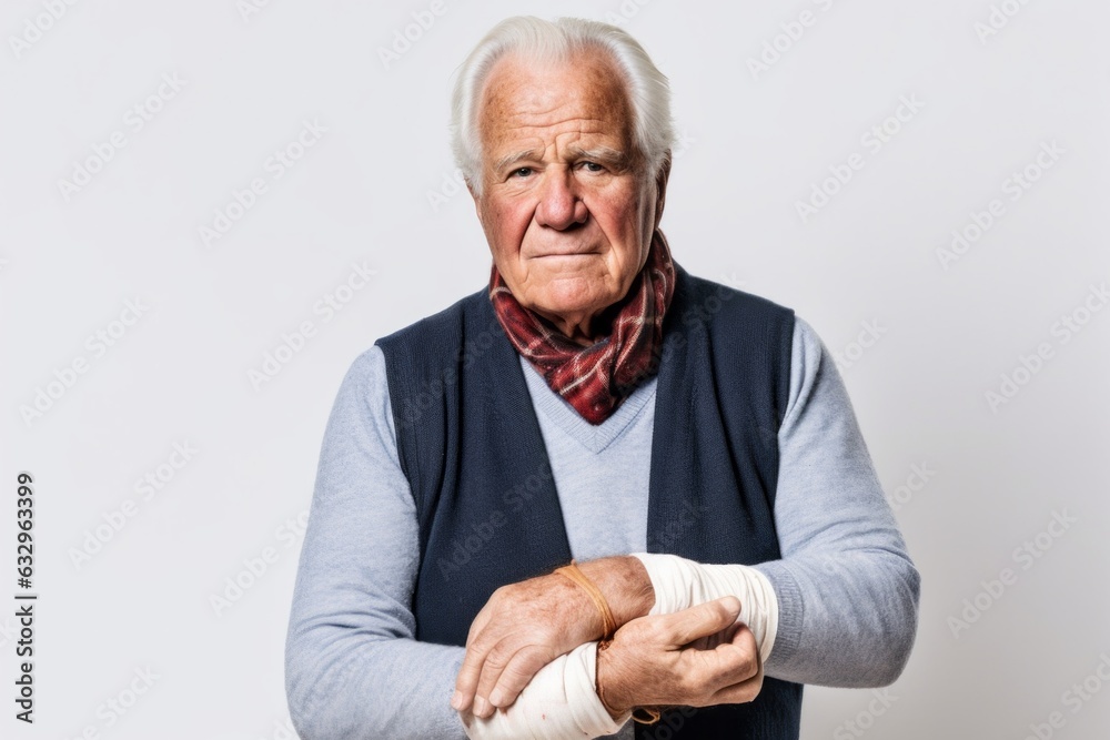 Medium shot portrait photography of a man in his 80s wearing a wrist brace because of a minor sprain wearing a chic cardigan against a white background Medium shot portrait photography of a man in his 80s wearing a wrist brace because of a minor sprain wearing a chic cardigan against a white background