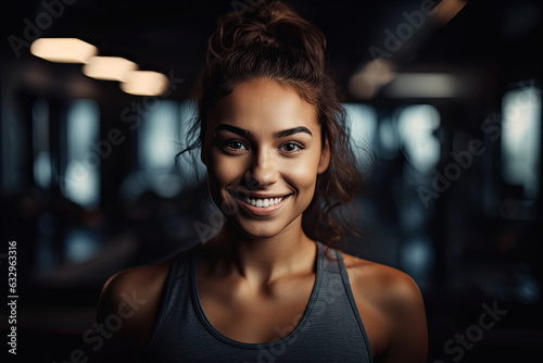 Close up image of attractive smiling fit woman in gym. wellness and healthy lifestyle with gym. Personal trainer, generative ai.